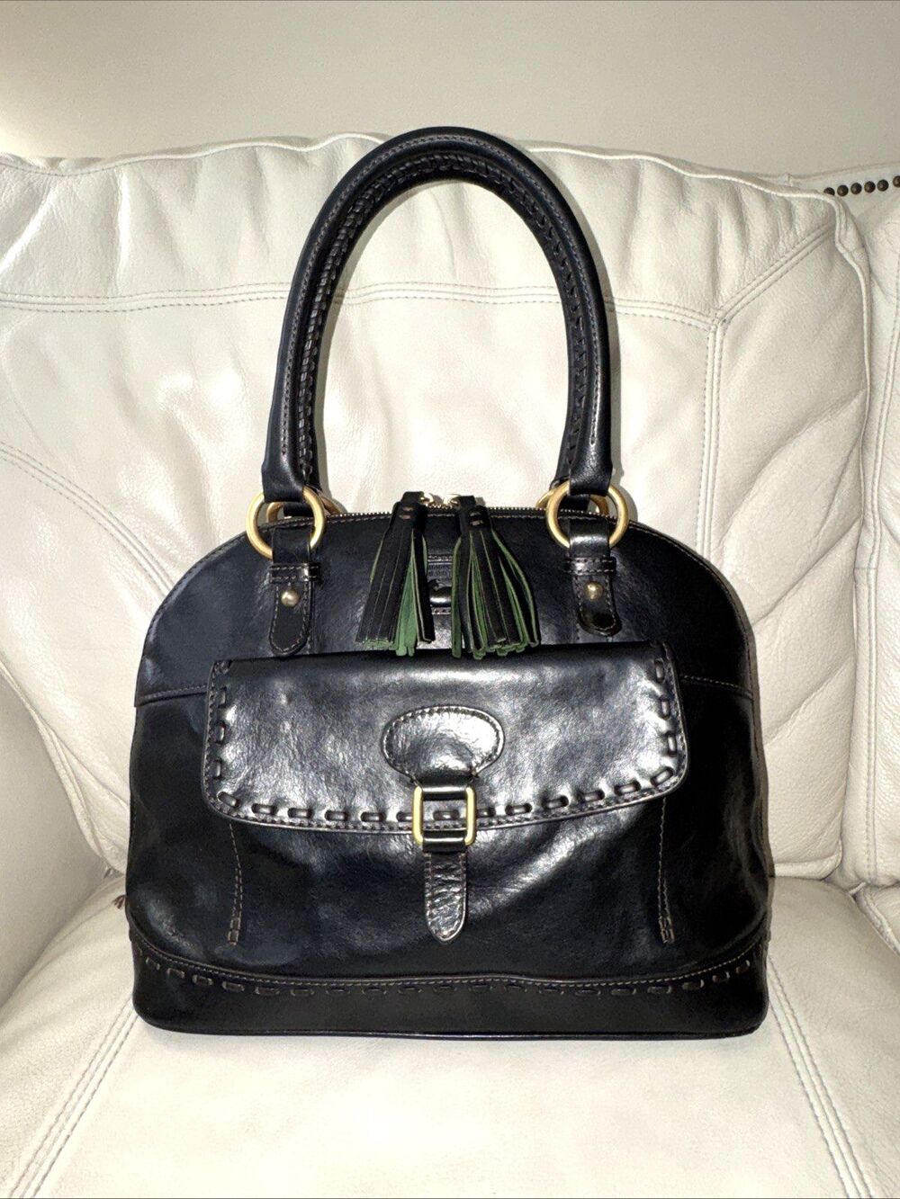 Dooney & Bourke Florentine Leather Large Domed Satchel Shoulder Bag Black Purse